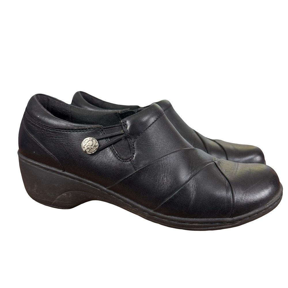 Clarks Channing Ann Black Leather Clogs Comfort Shoes Side Zip Loafers sz 8.5
